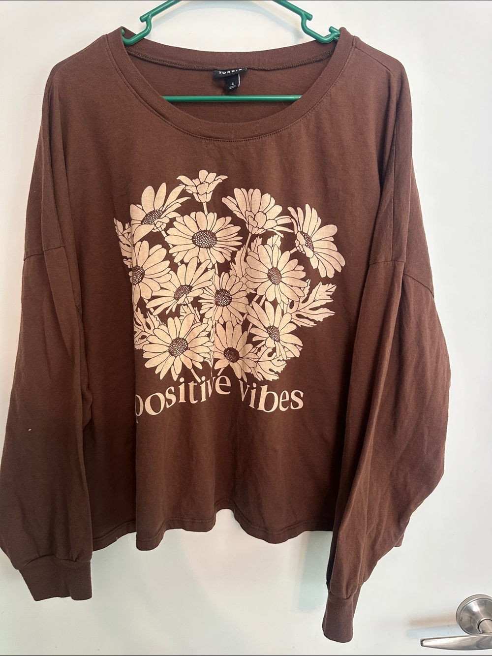 Brown "Positive Vibes" Floral Long Sleeve Cropped Tee